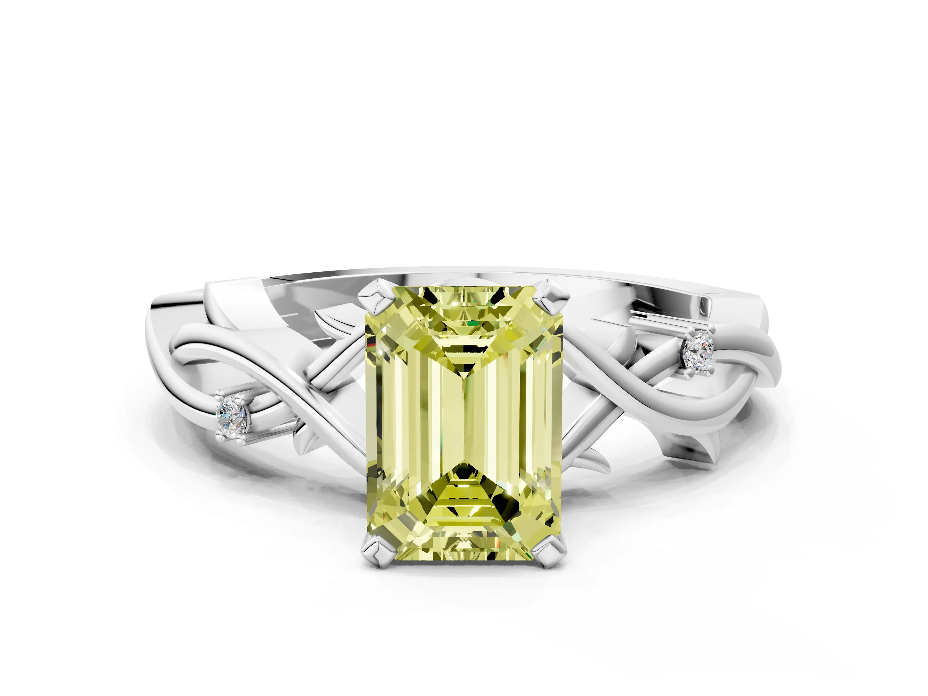 White gold Fancy Yellow Emerald Cut Diamond Solitaire Ring with Twisted Band and Prong Setting_290