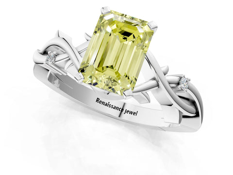 White gold Fancy Yellow Emerald Cut Diamond Solitaire Ring with Twisted Band and Prong Setting_297