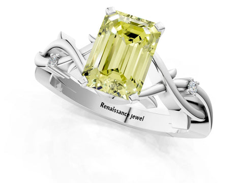 White gold Fancy Yellow Emerald Cut Diamond Solitaire Ring with Twisted Band and Prong Setting_297