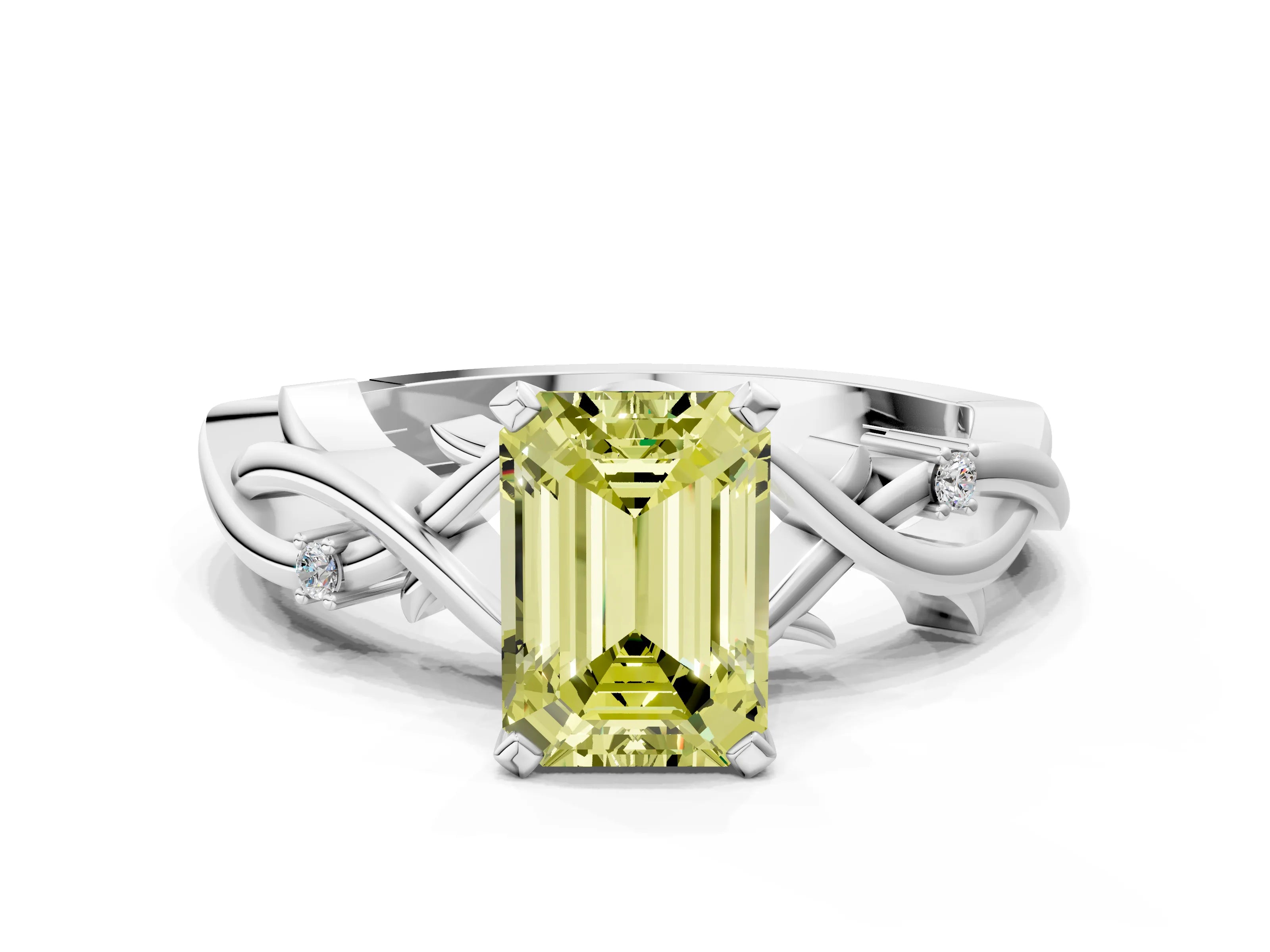 White gold Fancy Yellow Emerald Cut Diamond Solitaire Ring with Twisted Band and Prong Setting_302