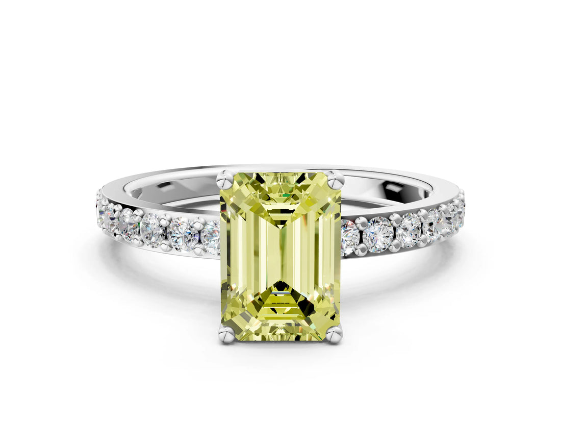 White gold Fancy Yellow Emerald  Cut Diamond Solitaire with Pave Band and Four-Prong Setting 1