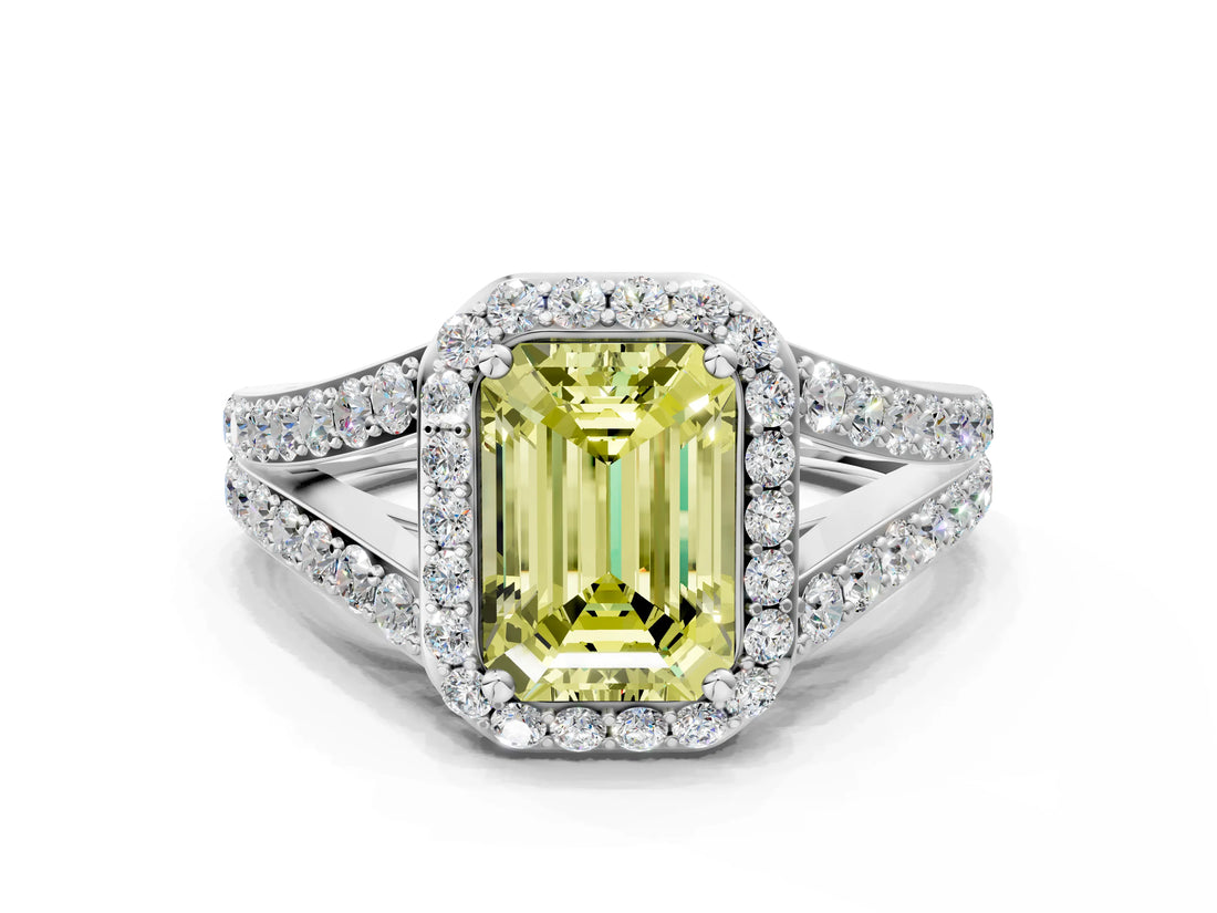 White gold Fancy Yellow Emerald Cut Diamond Split Shank Halo Ring with Four-Prong Setting_94