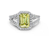 White gold Fancy Yellow Emerald Cut Diamond Split Shank Halo Ring with Four-Prong Setting_94