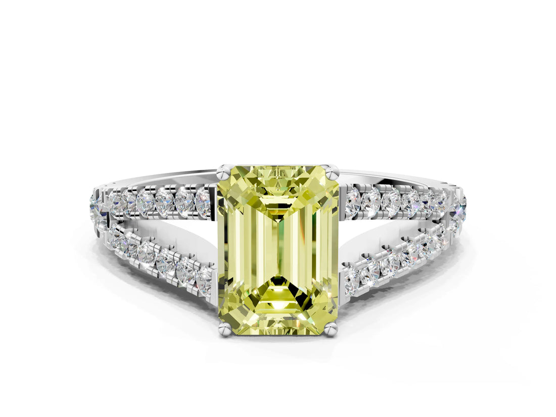White gold Fancy Yellow Emerald Cut Diamond Split Shank Pavé Engagement Ring with Four-Prong Setting_73