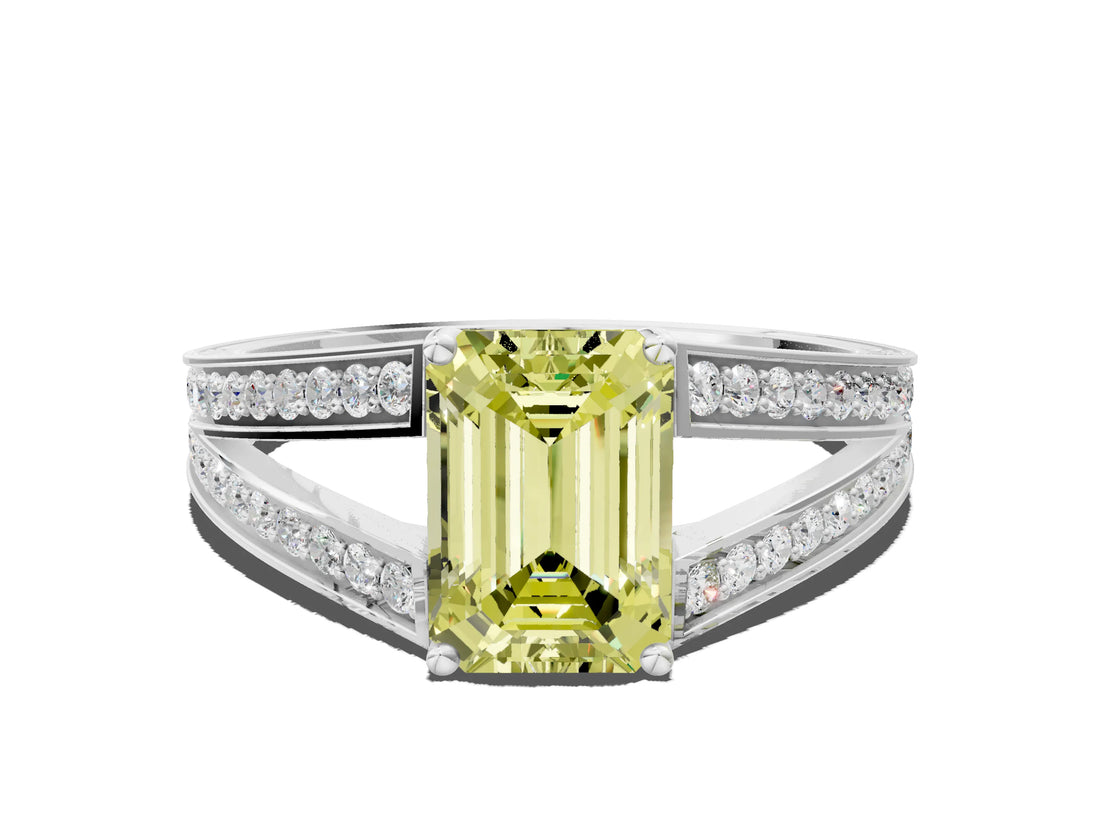 White gold Fancy Yellow Emerald Cut Diamond Split Shank Ring with Pavé Band and Four-Prong Setting_75