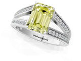White gold Fancy Yellow Emerald Cut Diamond Split Shank Ring with Pavé Band and Four-Prong Setting_76
