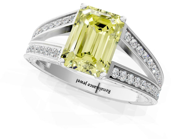 Platinum Emerald Cut Pave Split Shank Engagement Ring Setting for Fancy Yellow Center