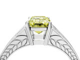 White gold Fancy Yellow Emerald Cut Diamond Split Shank Ring with Pavé Band and Four-Prong Setting_79