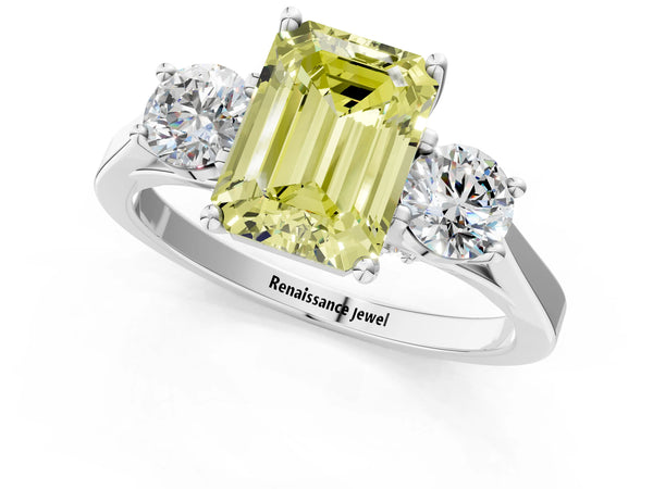 White gold Fancy Yellow Emerald Cut Diamond Three-Stone Engagement Ring with Prong Setting and Pavé Band