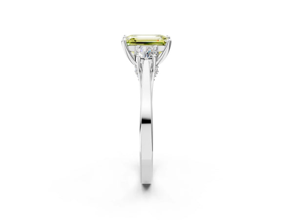 White gold Fancy Yellow Emerald Cut Diamond Three-Stone Engagement Ring with Prong Setting and Pavé Band
