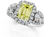 White gold Fancy Yellow Emerald Cut Diamond Three-Stone Halo Ring with Prong Setting and Pavé Accents_1