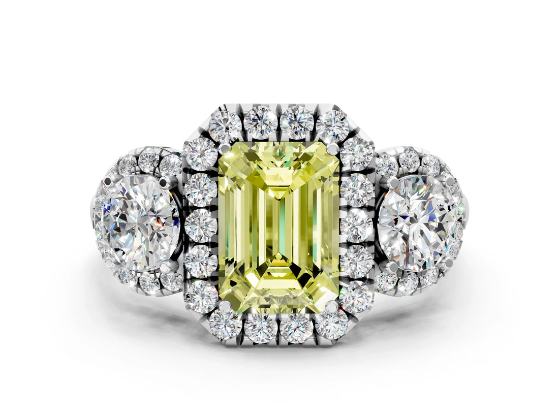 White gold Fancy Yellow Emerald Cut Diamond Three-Stone Halo Ring with Prong Setting and Pavé Accents