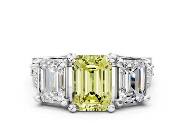 Platinum Emerald Cut Three Stone Pave Engagement Ring Setting for Fancy Yellow Center with Near-Equal Side Stones