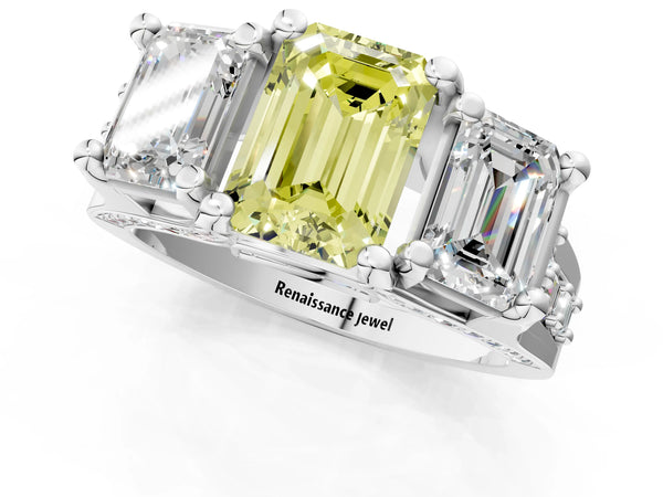 Platinum Emerald Cut Three Stone Pave Engagement Ring Setting for Fancy Yellow Center with Near-Equal Side Stones