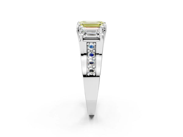 Platinum Emerald Cut Three Stone Pave Engagement Ring Setting for Fancy Yellow Center with Near-Equal Side Stones