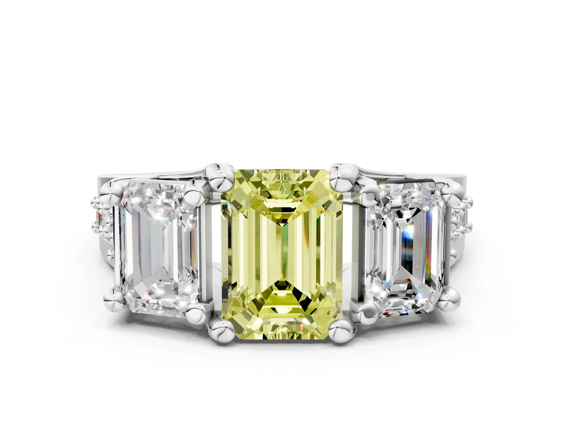 White gold Fancy Yellow Emerald Cut Diamond Three-Stone Ring with Channel Set Band and Four-Prong Setting_95