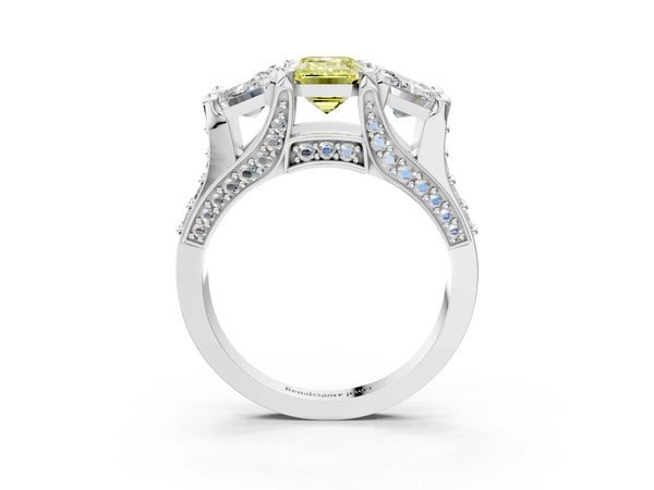 Platinum Emerald Cut Three Stone Pave Engagement Ring Setting for Fancy Yellow Center with Near-Equal Side Stones