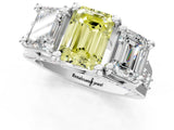 White gold Fancy Yellow Emerald Cut Diamond Three-Stone Ring with Channel Set Band and Four-Prong Setting_96