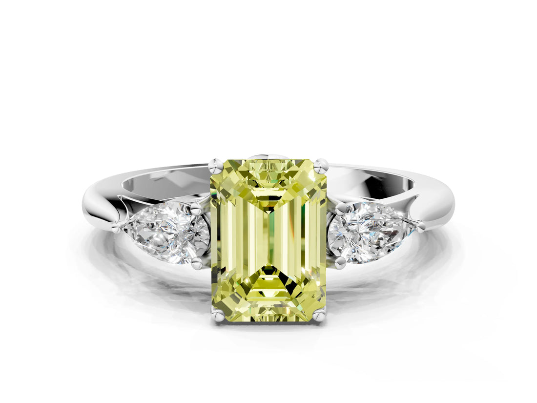 White gold Fancy Yellow Emerald Cut Diamond Three-Stone Ring with Pear  Side Stones and Prong Setting_126