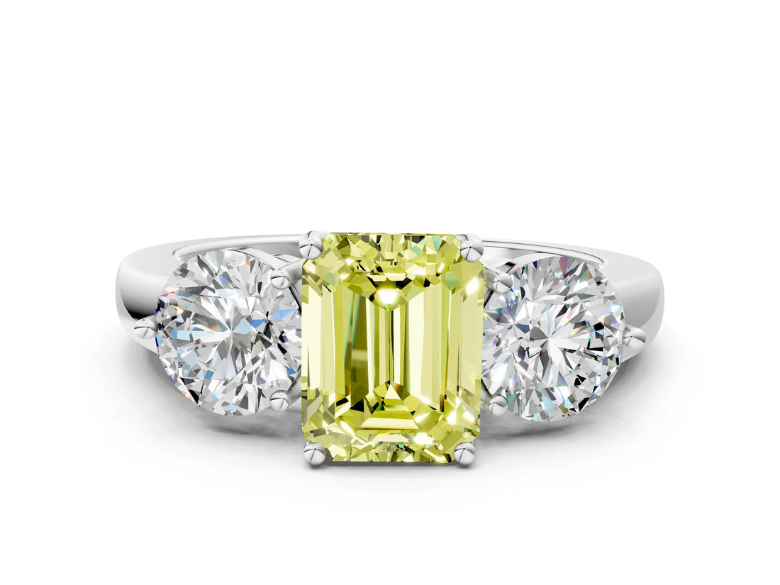 White gold Fancy Yellow Emerald Cut Diamond Three-Stone Ring with Prong Setting and Classic Band_123