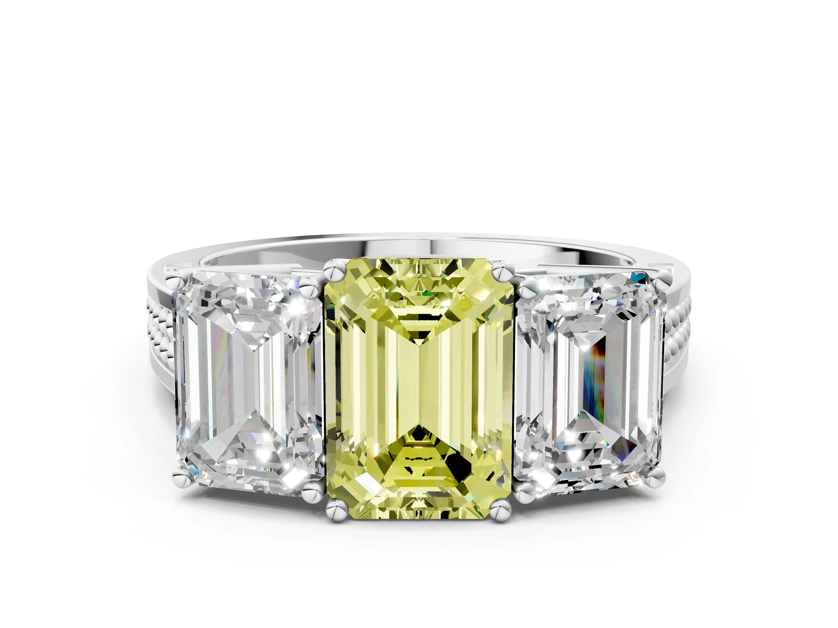 White gold Fancy Yellow Emerald Cut Diamond Three-Stone Ring with Prong Setting and Textured Band_12