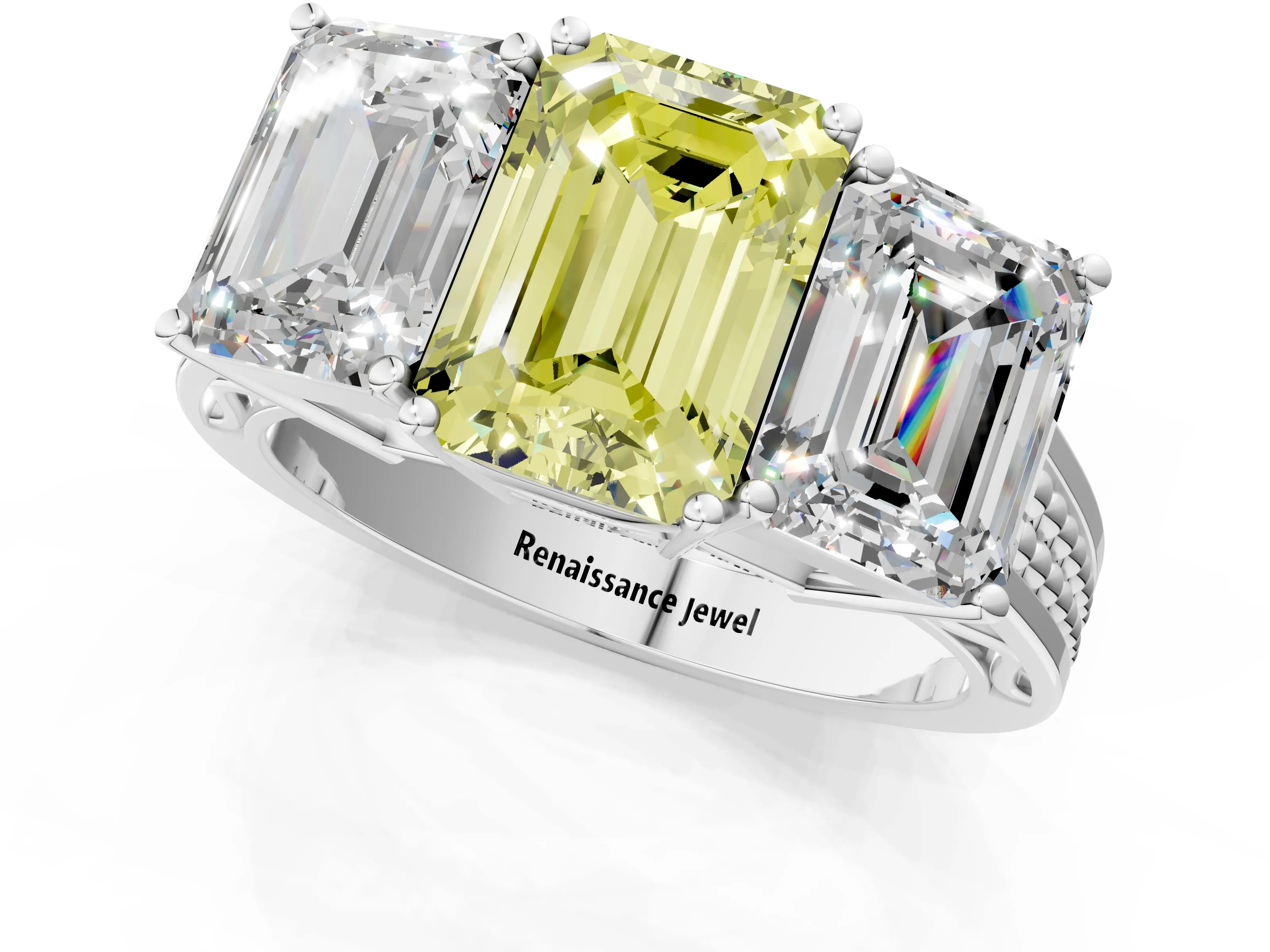 White gold Fancy Yellow Emerald Cut Diamond Three-Stone Ring with Prong Setting and Textured Band_13
