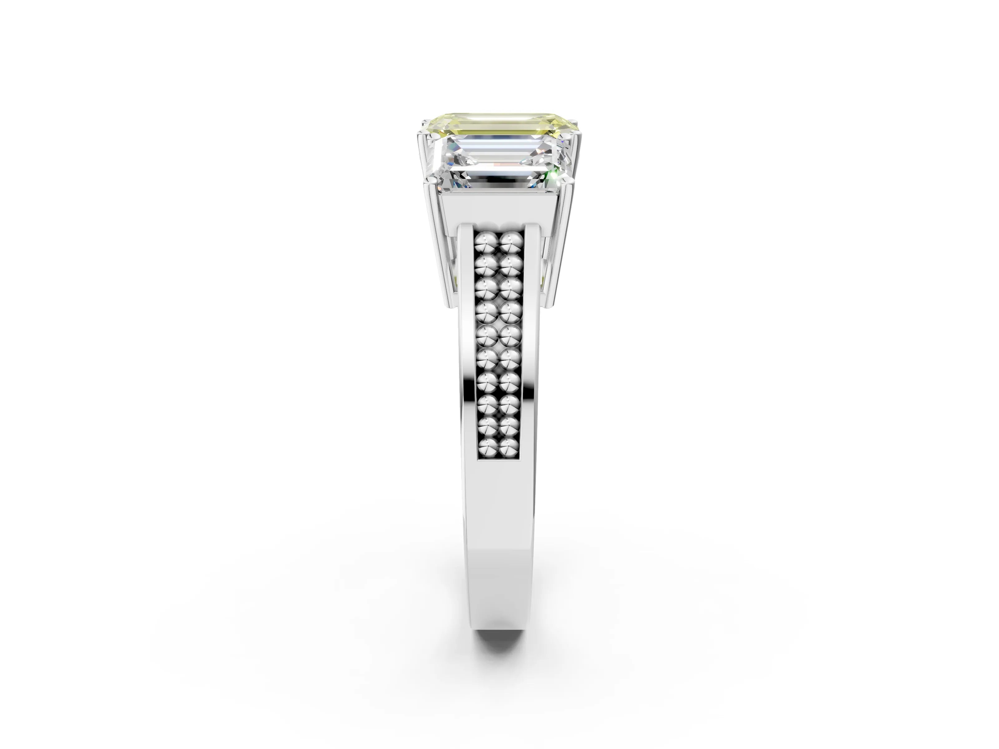 White gold Fancy Yellow Emerald Cut Diamond Three-Stone Ring with Prong Setting and Textured Band_14