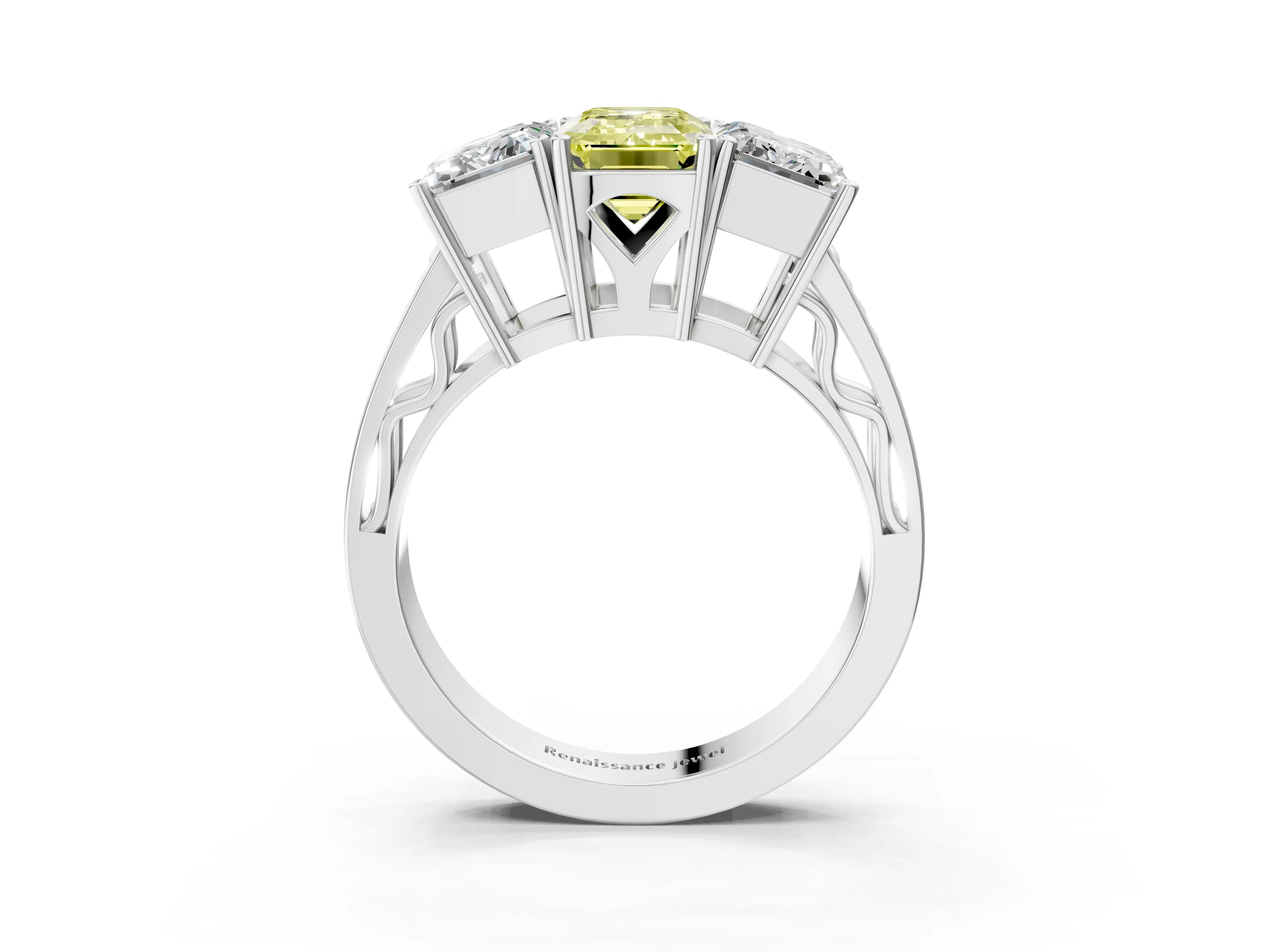 White gold Fancy Yellow Emerald Cut Diamond Three-Stone Ring with Prong Setting and Textured Band_15