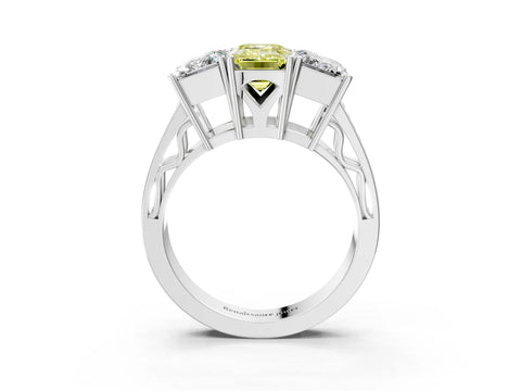 White gold Fancy Yellow Emerald Cut Diamond Three-Stone Ring with Prong Setting and Textured Band_15