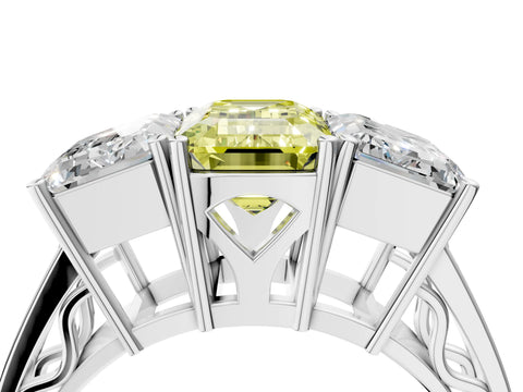 White gold Fancy Yellow Emerald Cut Diamond Three-Stone Ring with Prong Setting and Textured Band_16