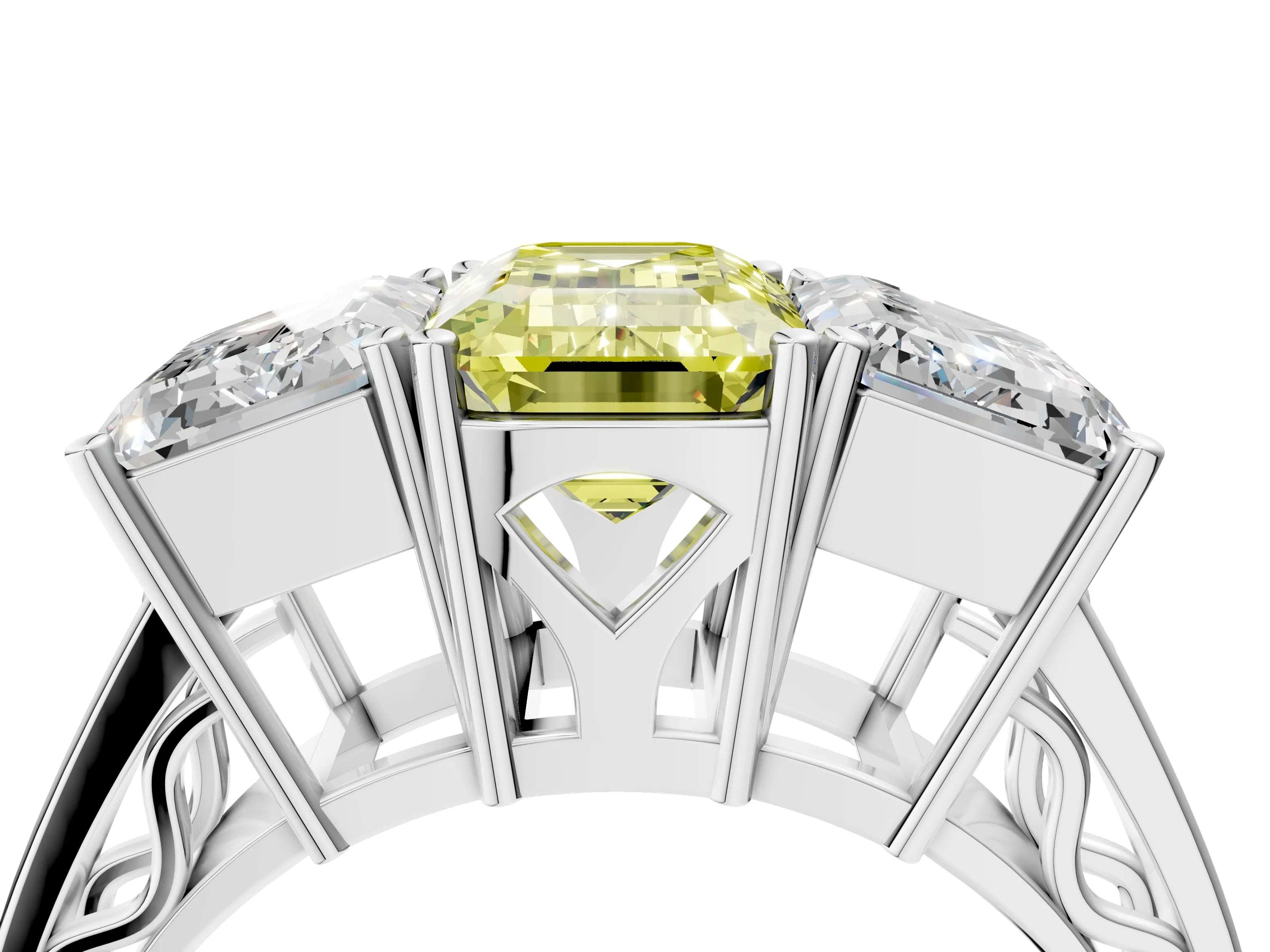 White gold Fancy Yellow Emerald Cut Diamond Three-Stone Ring with Prong Setting and Textured Band_16