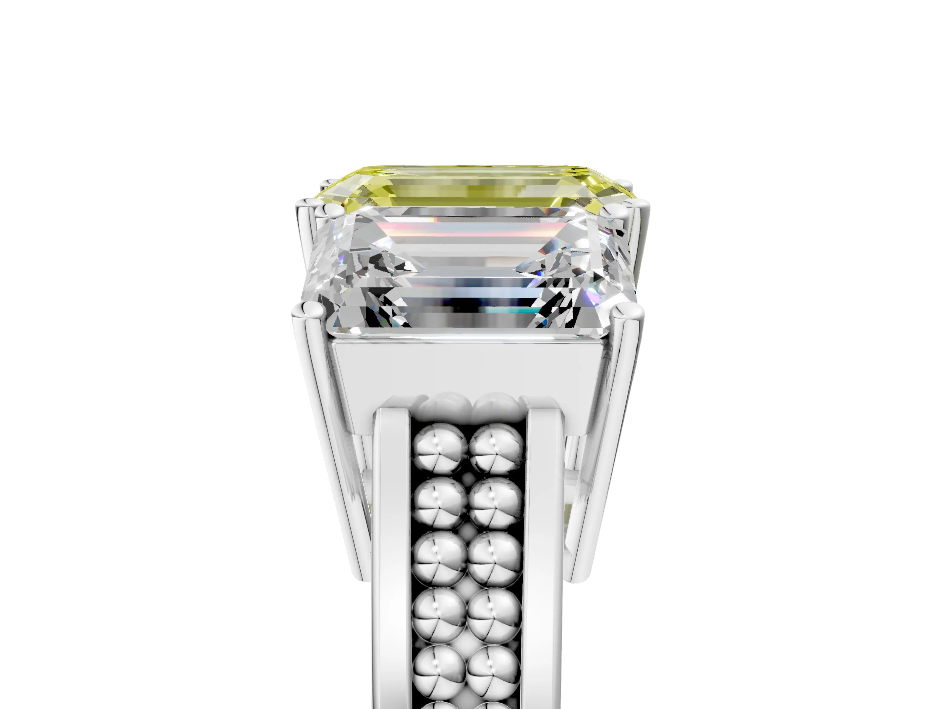 White gold Fancy Yellow Emerald Cut Diamond Three-Stone Ring with Prong Setting and Textured Band_17
