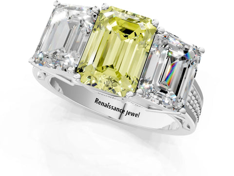 White gold Fancy Yellow Emerald Cut Diamond Three-Stone Ring with Prong Setting and Textured Band_1