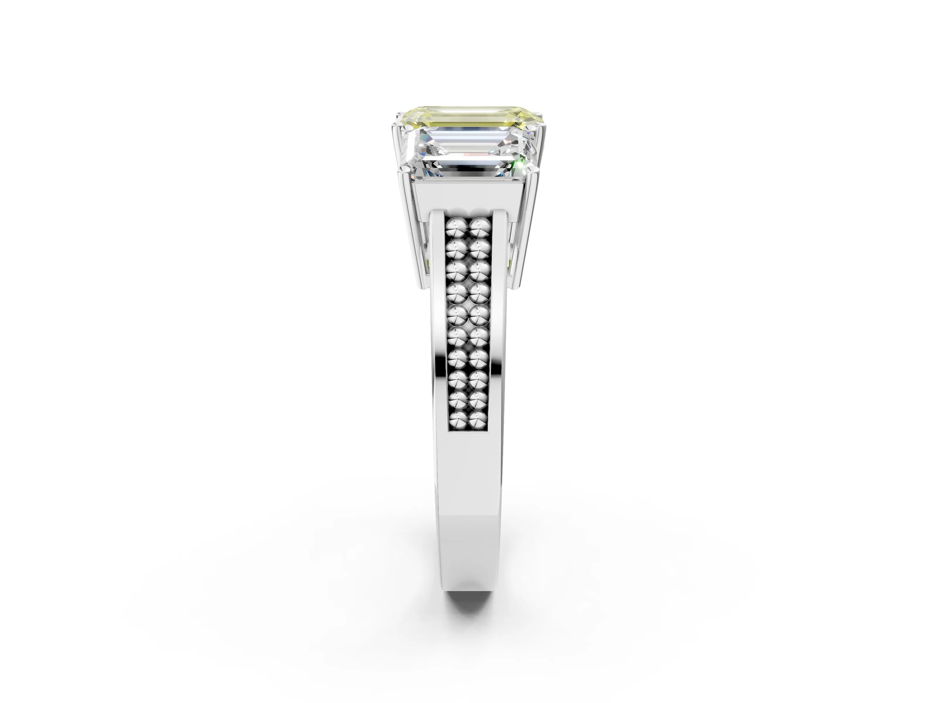 White gold Fancy Yellow Emerald Cut Diamond Three-Stone Ring with Prong Setting and Textured Band_2