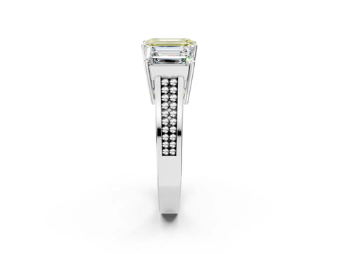 White gold Fancy Yellow Emerald Cut Diamond Three-Stone Ring with Prong Setting and Textured Band_2