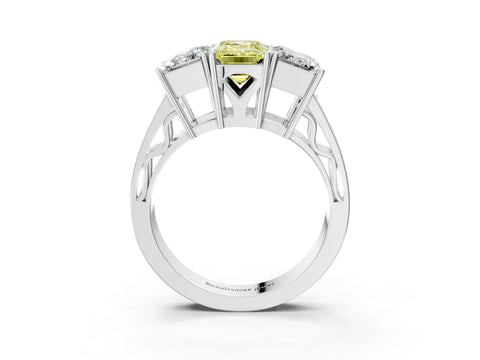 White gold Fancy Yellow Emerald Cut Diamond Three-Stone Ring with Prong Setting and Textured Band_3