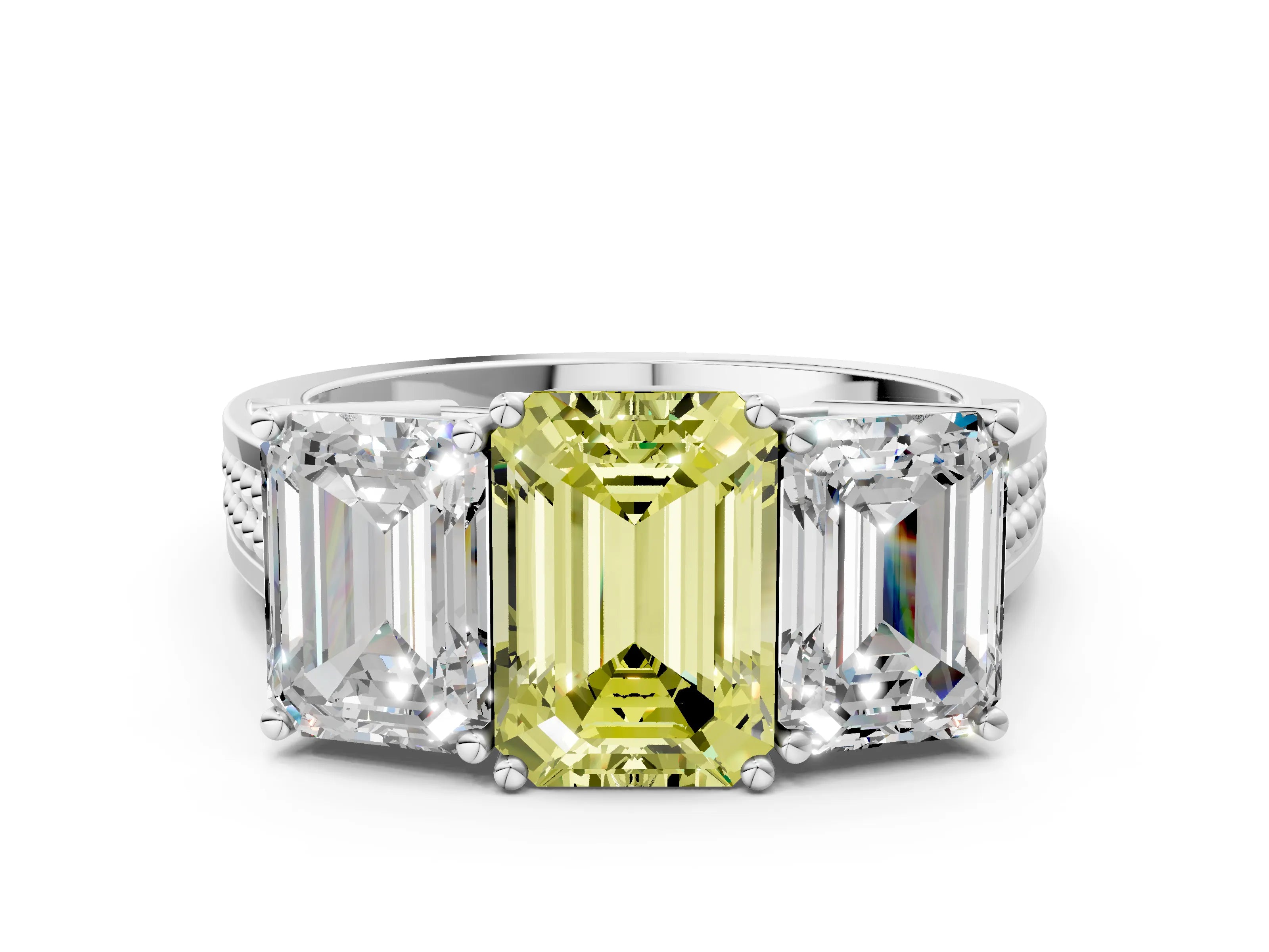 White gold Fancy Yellow Emerald Cut Diamond Three-Stone Ring with Prong Setting and Textured Band