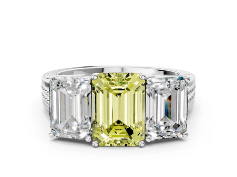 White gold Fancy Yellow Emerald Cut Diamond Three-Stone Ring with Prong Setting and Textured Band