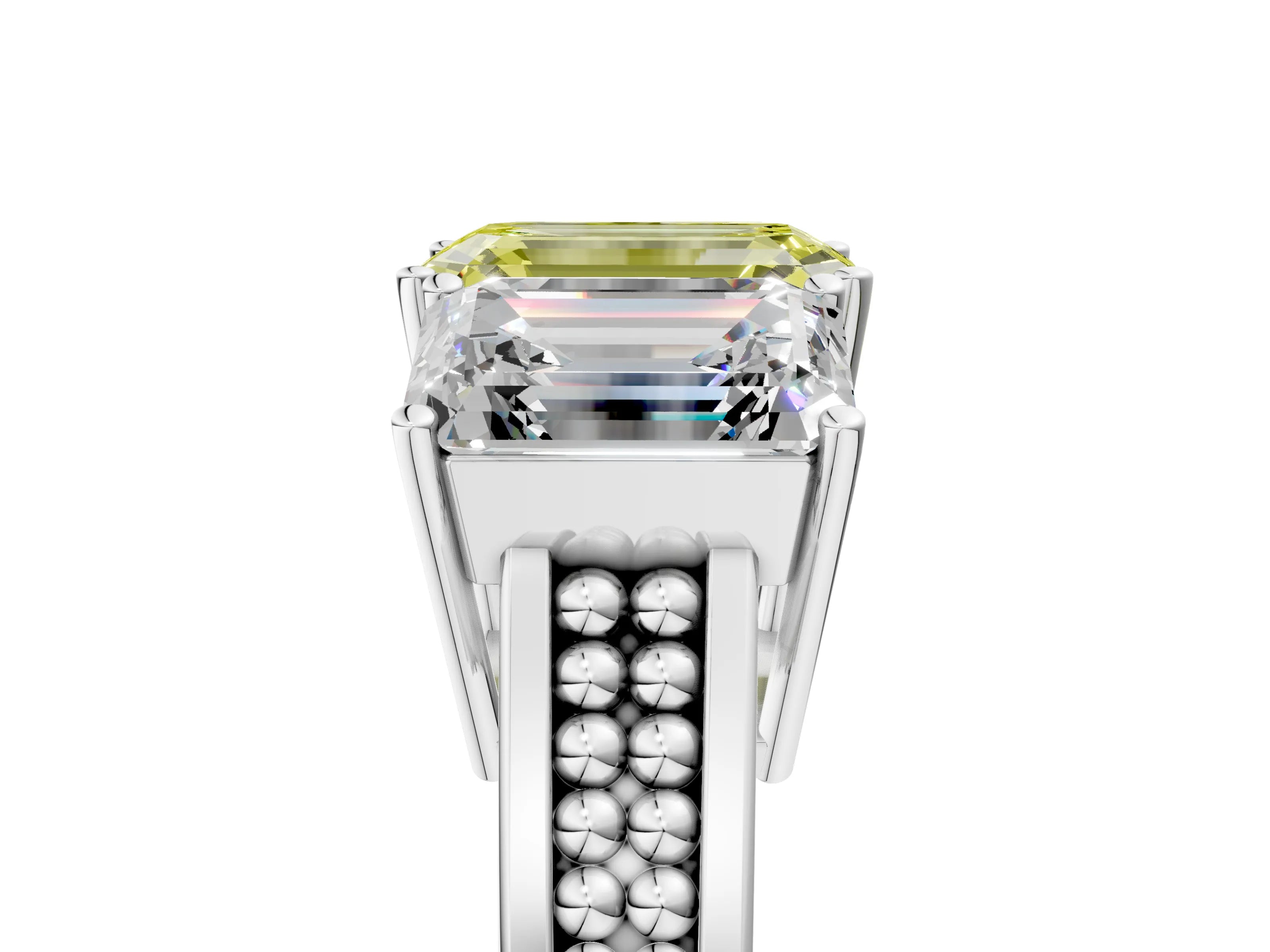White gold Fancy Yellow Emerald Cut Diamond Three-Stone Ring with Prong Setting and Textured Band_5