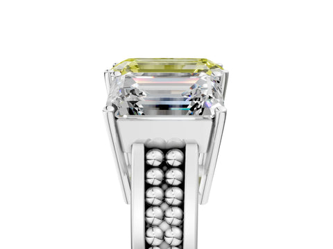 White gold Fancy Yellow Emerald Cut Diamond Three-Stone Ring with Prong Setting and Textured Band_5