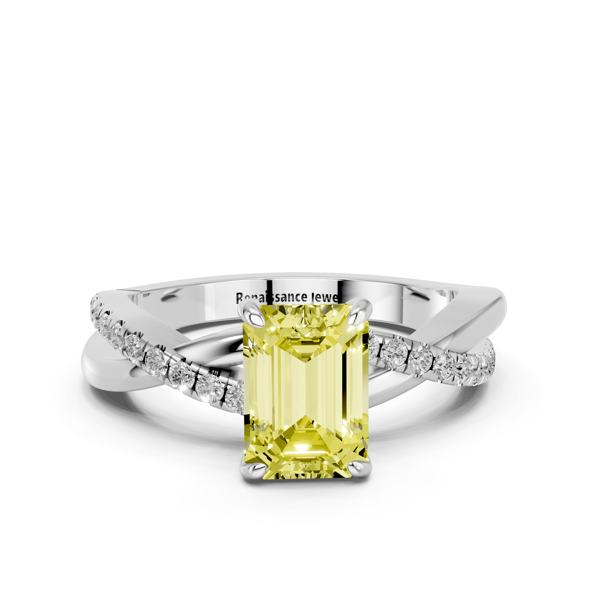 White gold Fancy Yellow Emerald  Cut Diamond Twist Band Solitaire with Prong Setting_3