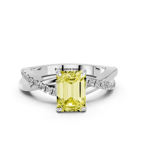 White gold Fancy Yellow Emerald  Cut Diamond Twist Band Solitaire with Prong Setting_3