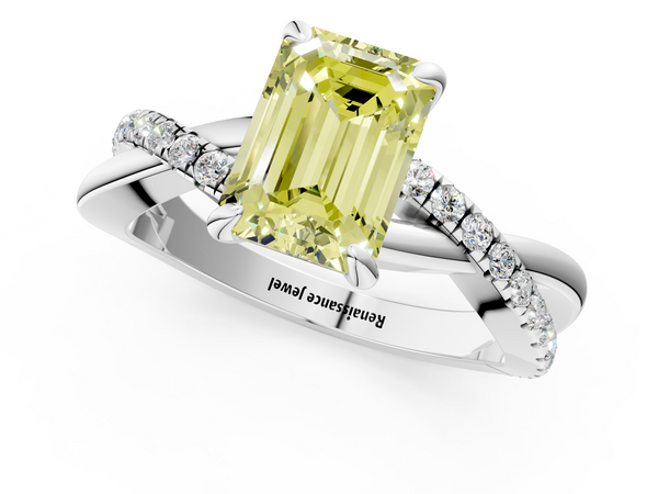 White gold Fancy Yellow Emerald  Cut Diamond Twist Band Solitaire with Prong Setting