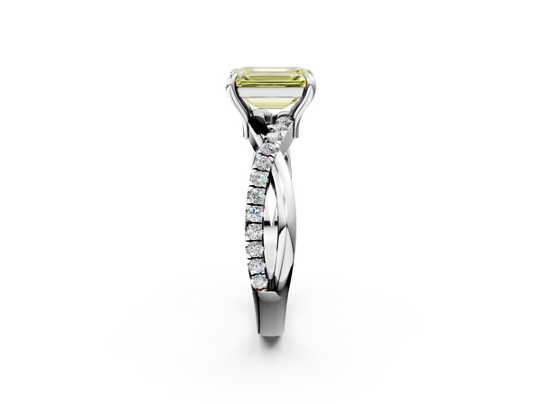 White gold Fancy Yellow Emerald  Cut Diamond Twist Band Solitaire with Prong Setting