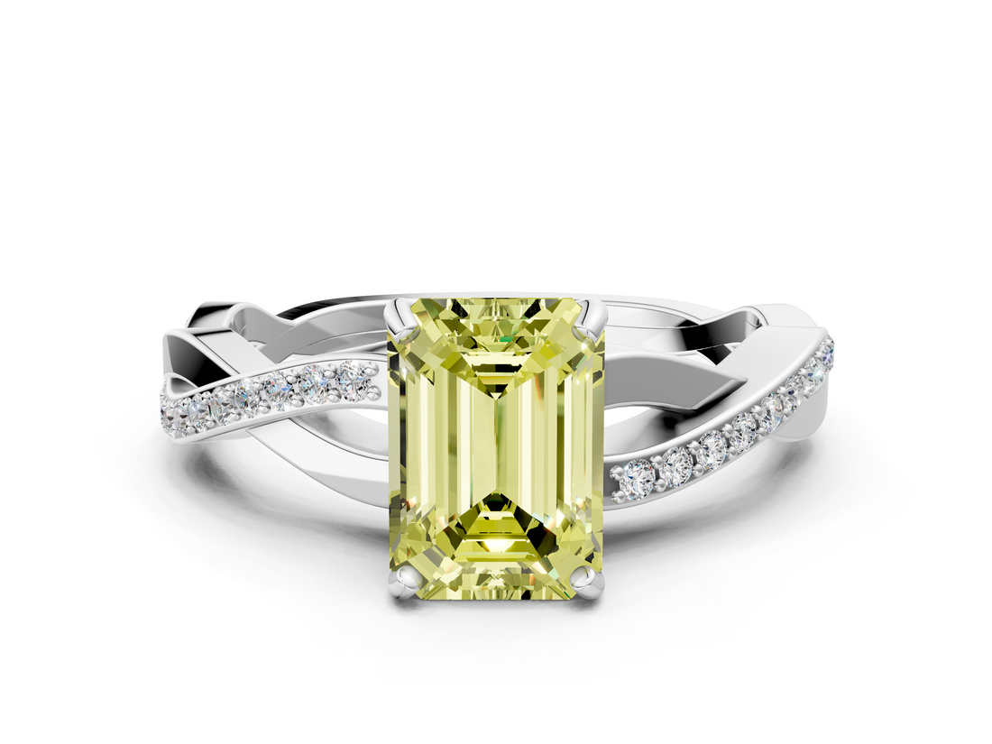 White gold Fancy Yellow Emerald  Cut Diamond Twisted Band Engagement Ring with Prong Setting_3