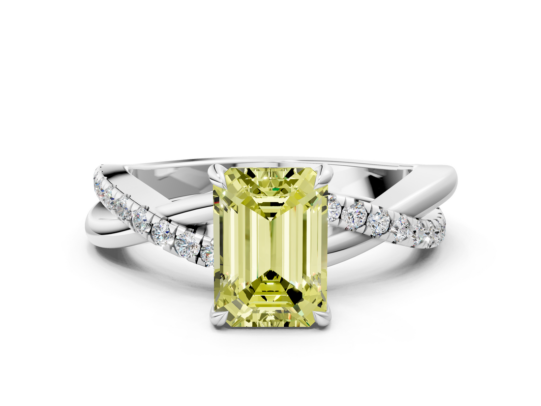 White gold Fancy Yellow Emerald  Cut Diamond Twisted Band with Pavé Setting and Four-Prong Setting_20
