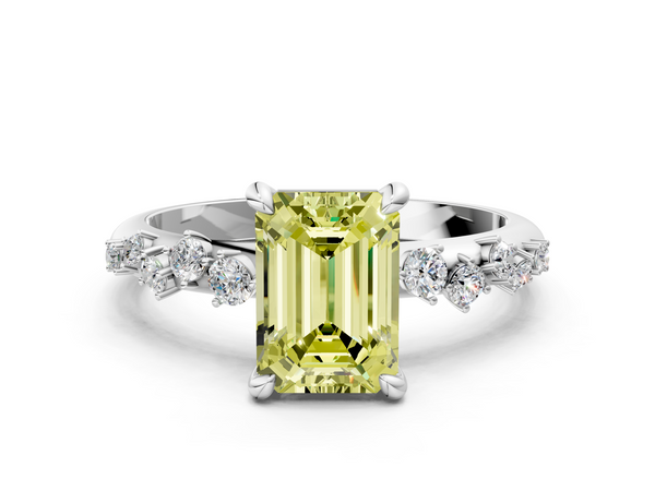 White gold Fancy Yellow Emerald  Cut Diamond Vine Band with Four-Prong Setting