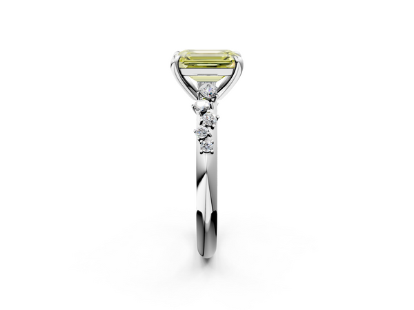 White gold Fancy Yellow Emerald  Cut Diamond Vine Band with Four-Prong Setting