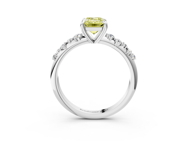 White gold Fancy Yellow Emerald  Cut Diamond Vine Band with Four-Prong Setting