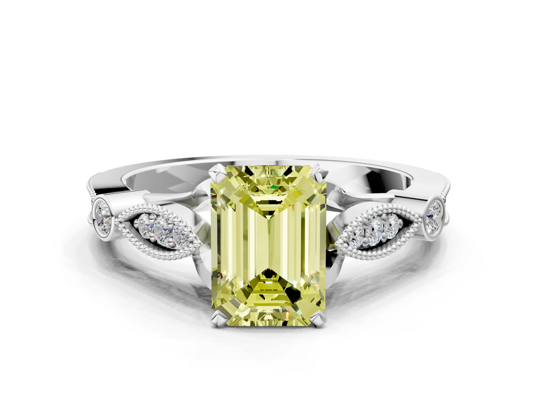 White gold Fancy Yellow Emerald  Cut Diamond with Milgrain Marquise and Bezel Accents on a Solitaire Band with Prong Setting_223